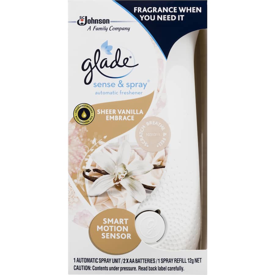 Sleek Glade Sense & Spray device with vanilla scent, featuring motion activation for automatic fragrance bursts.