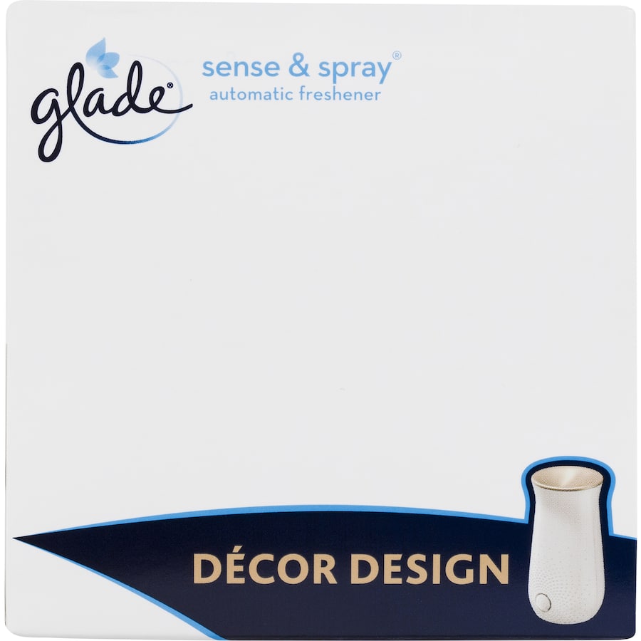 Glade Sense & Spray Vanilla system with motion sensor for automatic air freshening, sleek design, and essential oils infusion.