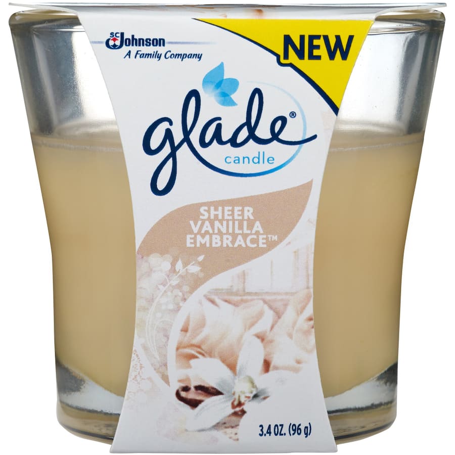 Glade Jar Scented Candle in Sheer Vanilla Embrace, featuring notes of vanilla, orchid, and sandalwood for a soothing ambiance.