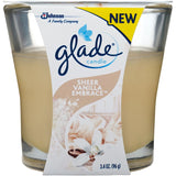 Glade Jar Scented Candle in Sheer Vanilla Embrace, featuring notes of vanilla, orchid, and sandalwood for a soothing ambiance.