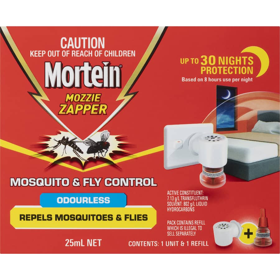 Mortein Peaceful Nights Plug In repels mosquitoes and flies, offering 30 nights of odorless, adjustable protection for families.