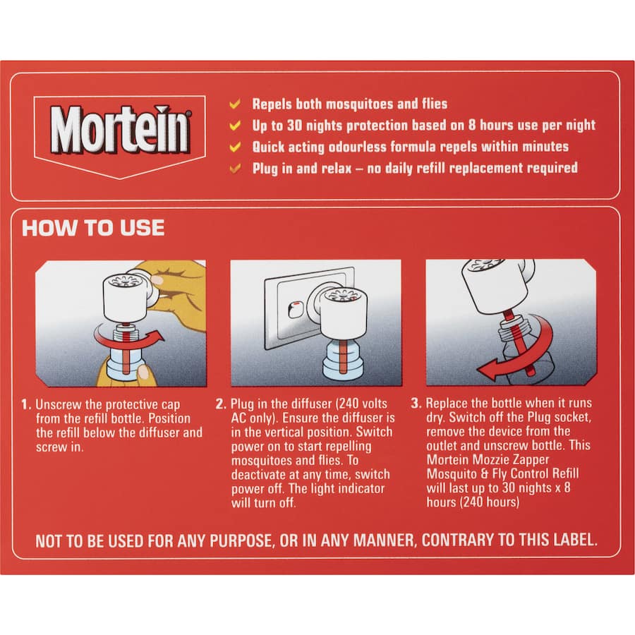 Mortein Peaceful Nights insect repellent plug-in, protecting against mosquitoes and flies for up to 30 restful nights.