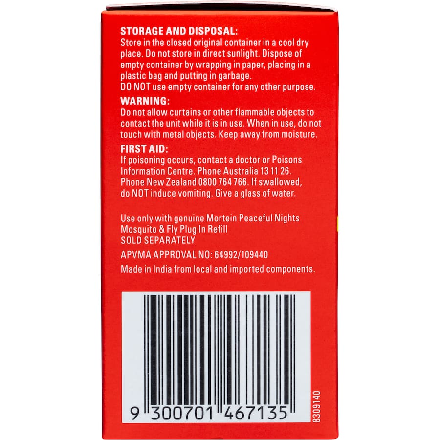 Mortein Peaceful Nights Plug In, odourless insect repellent for mosquitoes and flies, offers 30 nights of effective protection.