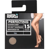 Razzamatazz Perfect Sheers Pantyhose in Tall Tan, offering sleek 16 denier finish, no-dig waistband, and slimming shape for elegance.