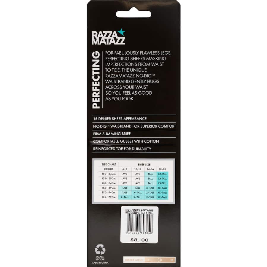 Extra tall tan pantyhose with 16 denier sheerness, no-dig waistband, slimming brief, and reinforced toe for ultimate comfort.