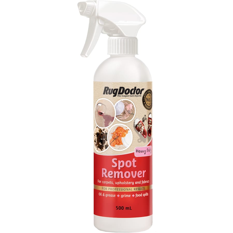 Rug Doctor Carpet Care Spot Remover bottle, designed for effective stain removal on carpets, ideal for homes with kids and pets.