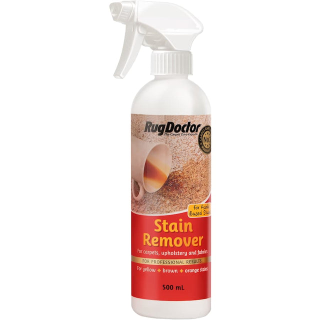 Rug Doctor Carpet Care Stain Remover effectively eliminates tough stains like urine, coffee, and wine from carpets and upholstery.
