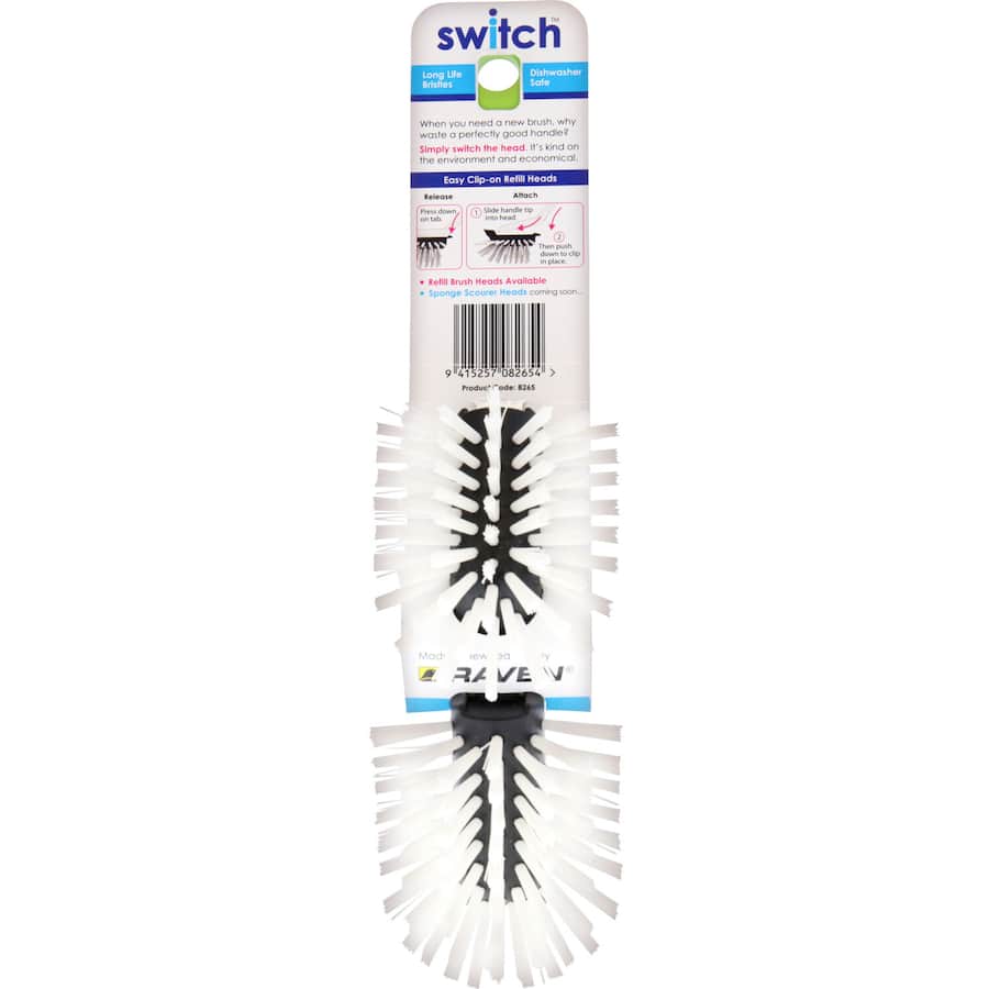 Versatile dish brush with two interchangeable heads for gentle scrubbing and tough cleaning tasks in the kitchen.