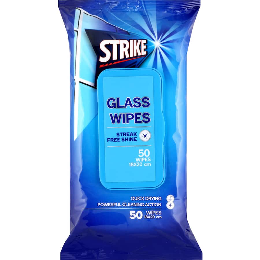 Pre-moistened cleaning wipes for glass, delivering a streak-free shine for windows, mirrors, and screens in a convenient 50-pack.