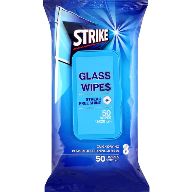 Pre-moistened cleaning wipes for glass, delivering a streak-free shine for windows, mirrors, and screens in a convenient 50-pack.