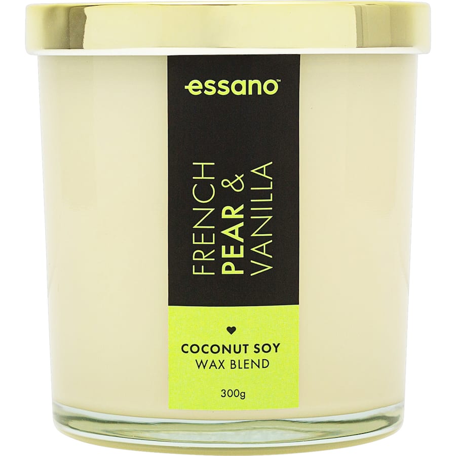 Essano Scented Candle in French Pear & Vanilla, featuring natural soy wax, cotton wick, and a blend of ripe pears and creamy vanilla.