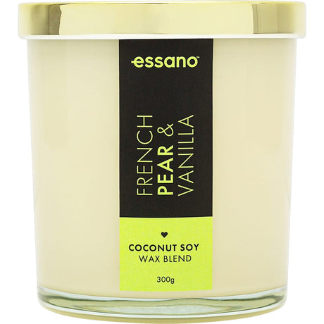 Essano Scented Candle in French Pear & Vanilla, featuring natural soy wax, cotton wick, and a blend of ripe pears and creamy vanilla.