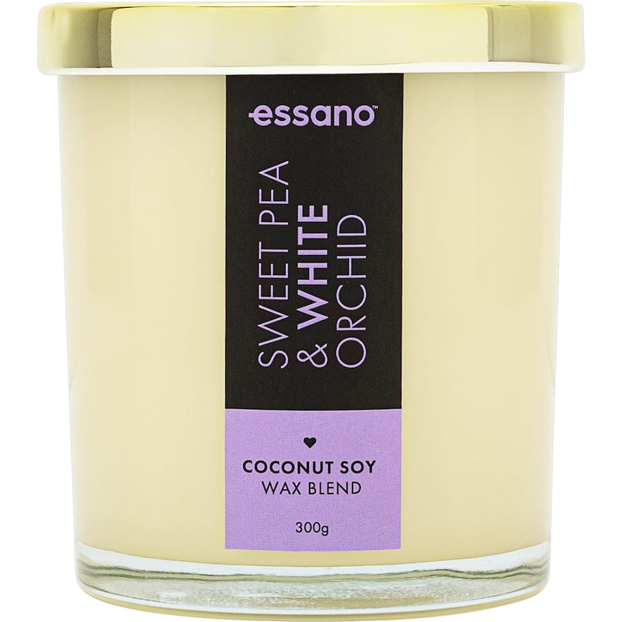 Essano scented candle featuring sweet pea and orchid fragrances, enhancing ambiance with a fresh floral bouquet and long burn time.