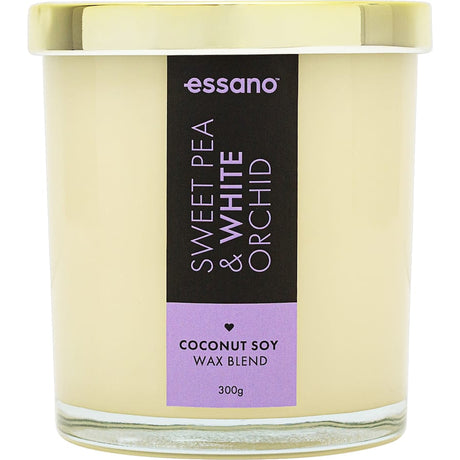 Essano scented candle featuring sweet pea and orchid fragrances, enhancing ambiance with a fresh floral bouquet and long burn time.