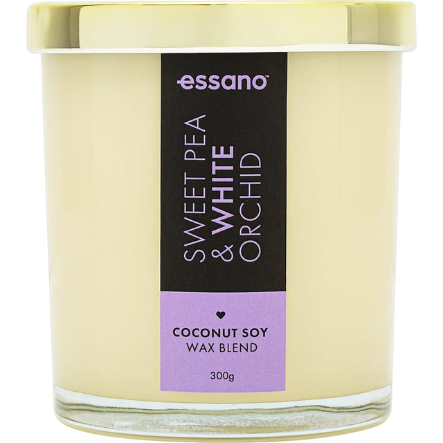Essano scented candle featuring sweet pea and orchid fragrances, enhancing ambiance with a fresh floral bouquet and long burn time.