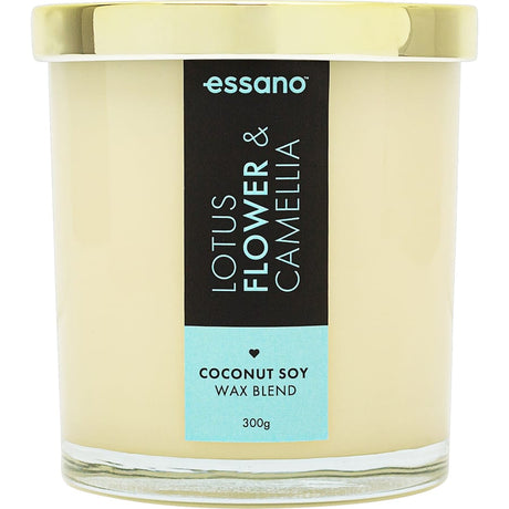 Essano Scented Candle featuring white lotus and camellia, promoting relaxation with a warm, floral aroma and 60-hour burn time.