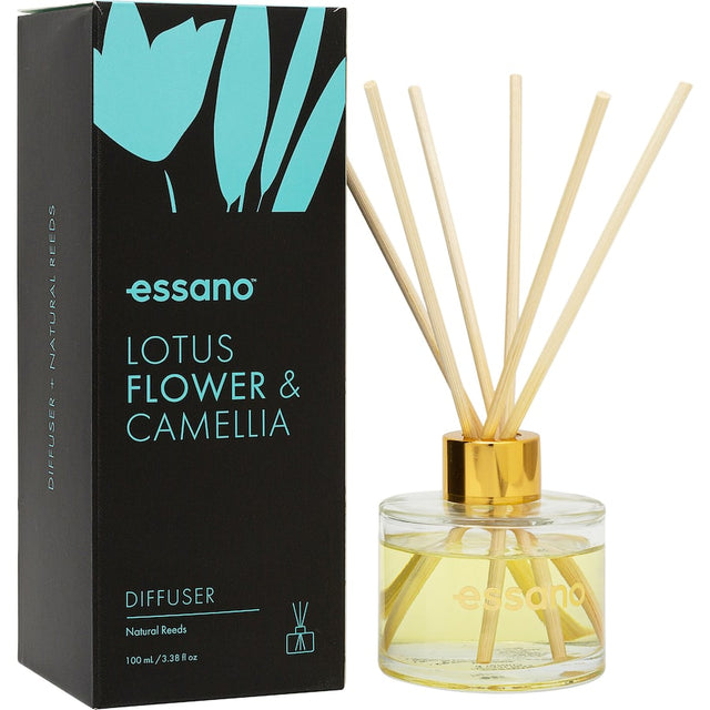 Essano Reed Diffuser featuring white lotus flower and camelia, creates a soothing ambiance for home decor.