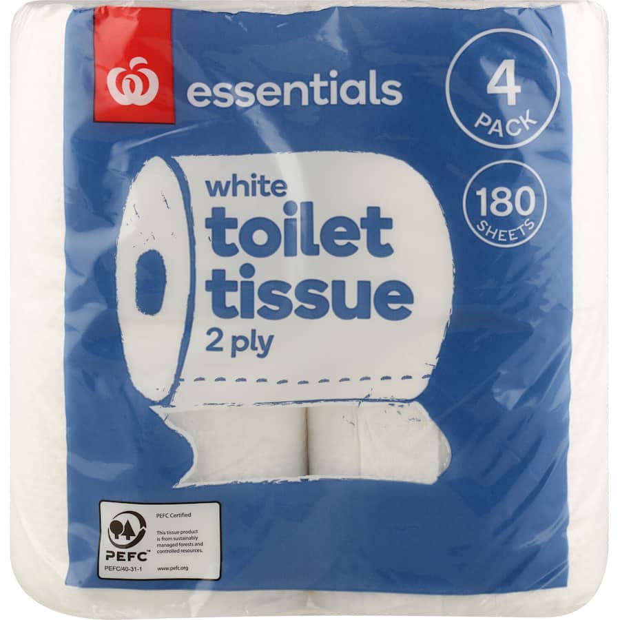 4-pack of Essentials Toilet Paper in white, featuring soft 2-ply sheets for comfort and strength, sustainably sourced in New Zealand.