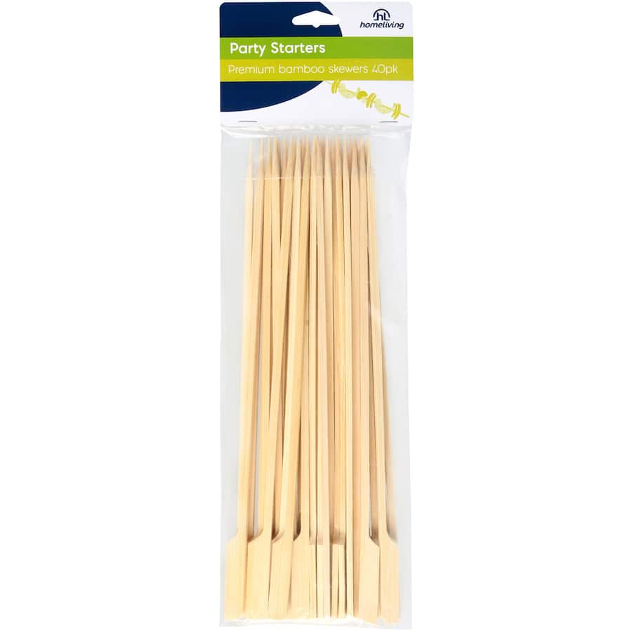 Premium bamboo skewers in a pack of 40, designed for grilling kebabs with a flagged end for easy grip and slip prevention.