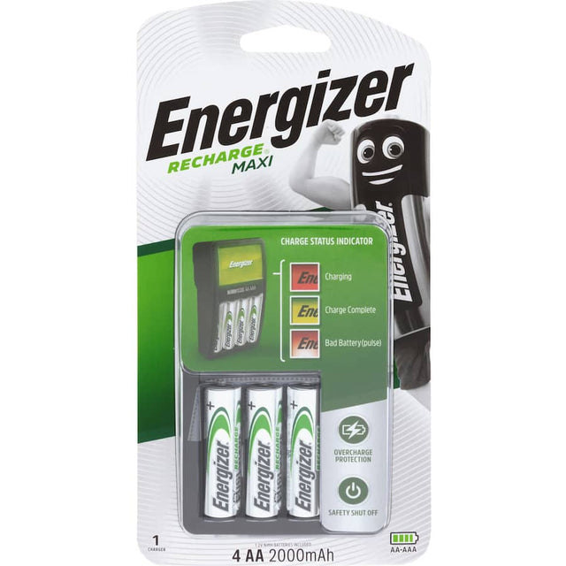 Energizer Battery Charger with 4 AA batteries, designed for efficient charging and overcharge protection for devices.