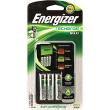 Energizer Battery Charger with 4 rechargeable AA batteries, featuring overcharge protection and safety shut-off for efficient charging.