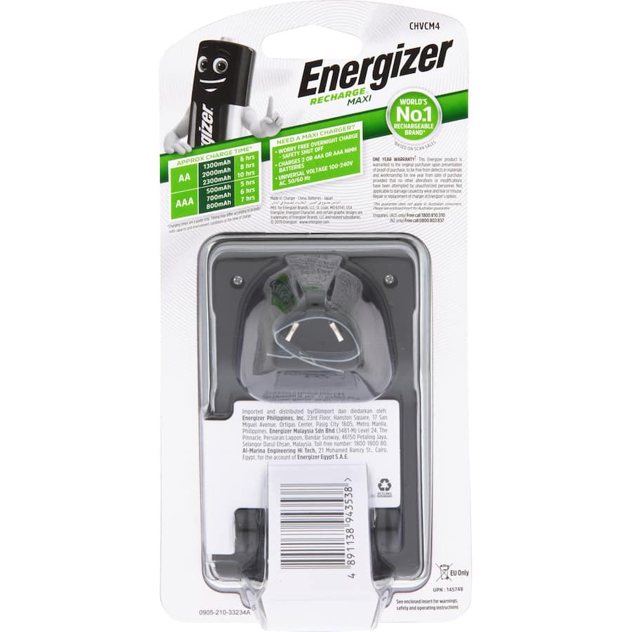 Energizer Battery Charger with 4 rechargeable AA batteries, featuring overcharge protection and safety shut-off.