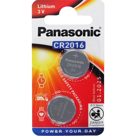 Panasonic CR2016 lithium coin battery, 3V, reliable power for watches, calculators, and more, lightweight and easy to install.