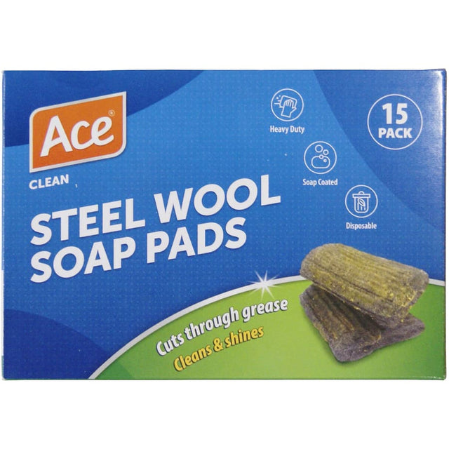 Ace Steel Wool Soap Pads for powerful cleaning of tough stains on various surfaces, including cookware and stainless steel.