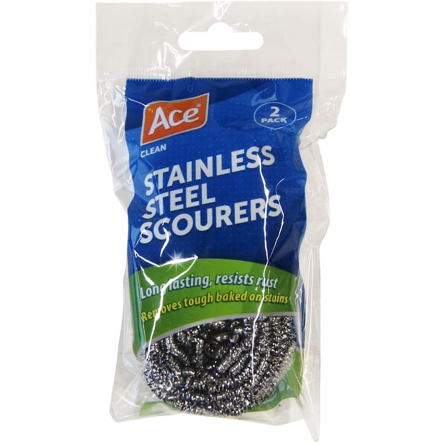 Stainless steel scourer for tough kitchen cleaning, lightweight, ergonomic, and safe for various surfaces.