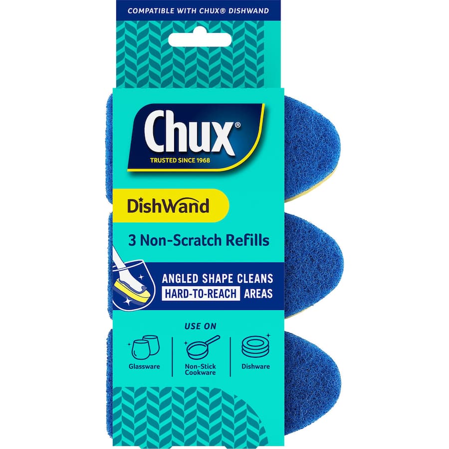Chux Dish Brush Dish Wand with non-scratch refills for easy cleaning of dishes and utensils, featuring an angled design.