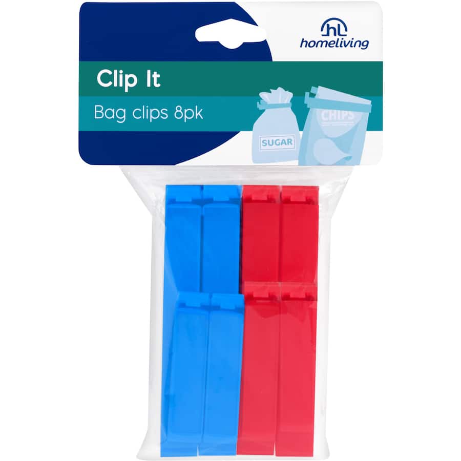 Durable Homeliving bag clips in a pack of 8, perfect for sealing food bags and keeping snacks fresh.