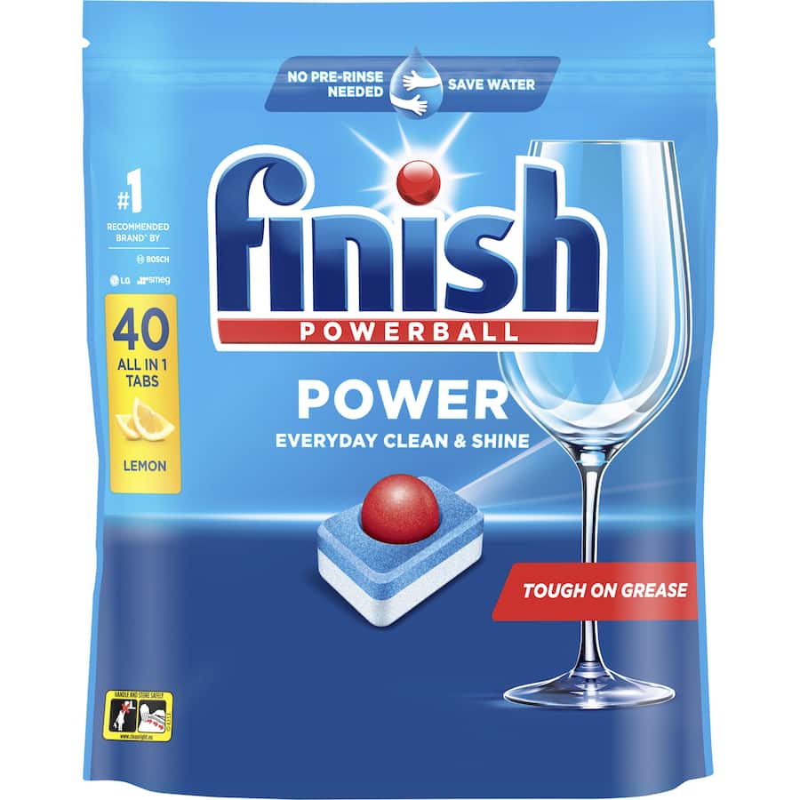 Finish Power All In One Lemon dishwasher tablets, eco-friendly, with Powerball for tough stains and a fresh lemon scent.