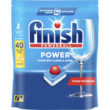 Finish Power All In One Lemon dishwasher tablets, eco-friendly, with Powerball for tough stains and a fresh lemon scent.