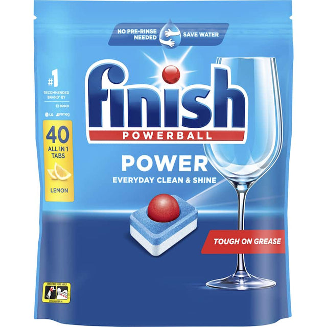 Finish Power All In One Lemon dishwasher tablets, eco-friendly, with Powerball for tough stains and a fresh lemon scent.