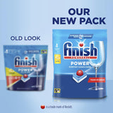 Finish All In One Lemon Dishwasher Tablets in eco-friendly packaging, delivering powerful cleaning and a fresh lemon scent.