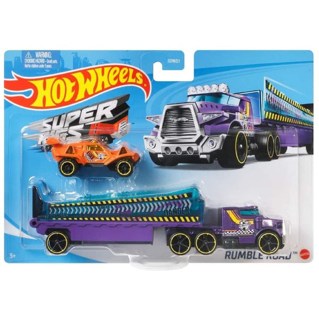 Hot Wheels Super Rig set featuring a dynamic hauling rig and 1:64 scale car for exciting imaginative play and racing fun.
