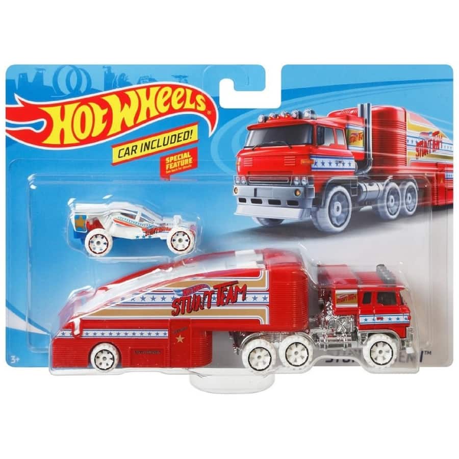 Colorful Hot Wheels Super Rig with a 1:64 scale car, designed for action-packed transporting and racing adventures.