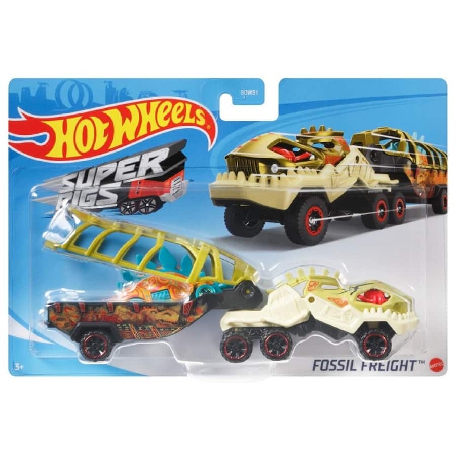 Hot Wheels Super Rig set featuring a colorful hauling rig and 1:64 scale car, ideal for imaginative play and racing fun.