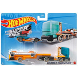 Hot Wheels Super Rig set with a colorful hauling truck and 1:64 scale car, perfect for imaginative play and racing adventures.