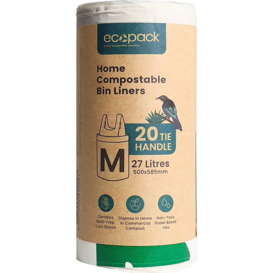 Ecopack Compostable Bin Liners are eco-friendly, 27L, durable, and designed to break down in 90-180 days for sustainable waste disposal.