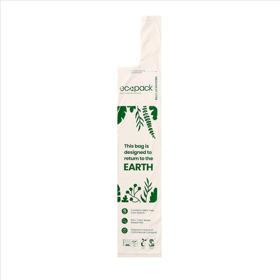 Ecopack Compostable Bin Liners in a roll of 20, made from corn starch, ideal for eco-friendly waste disposal in medium bins.