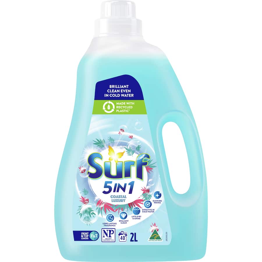 Surf Washing Liquid Coastal Luxury for 40 washes, offering powerful cleaning with a tropical floral fragrance and eco-friendly packaging.