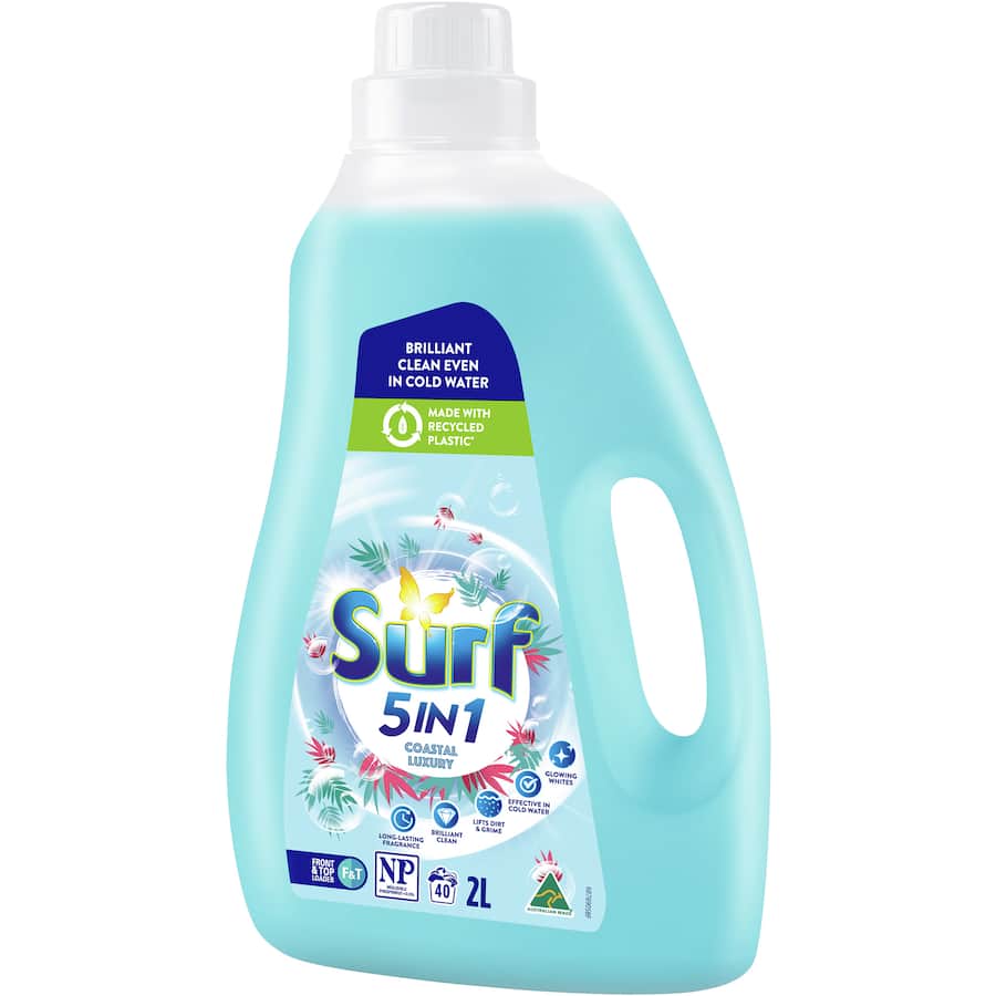 Surf Washing Liquid Coastal Luxury with floral scent, effective for 40 washes and eco-friendly packaging, ensures vibrant, clean laundry.