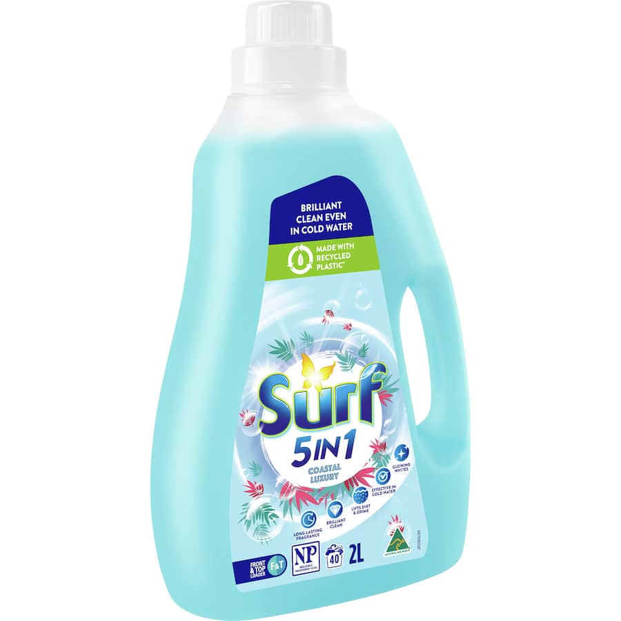 Surf Washing Liquid Coastal Luxury: 5-in-1 detergent offering a tropical fragrance, lasting freshness, and eco-friendly packaging.