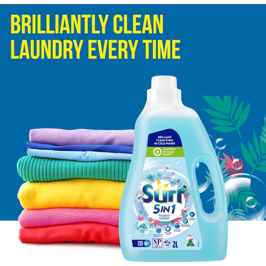 Surf Washing Liquid Coastal Luxury in eco-friendly packaging, featuring floral scent and 5-in-1 cleaning for vibrant, fresh laundry.