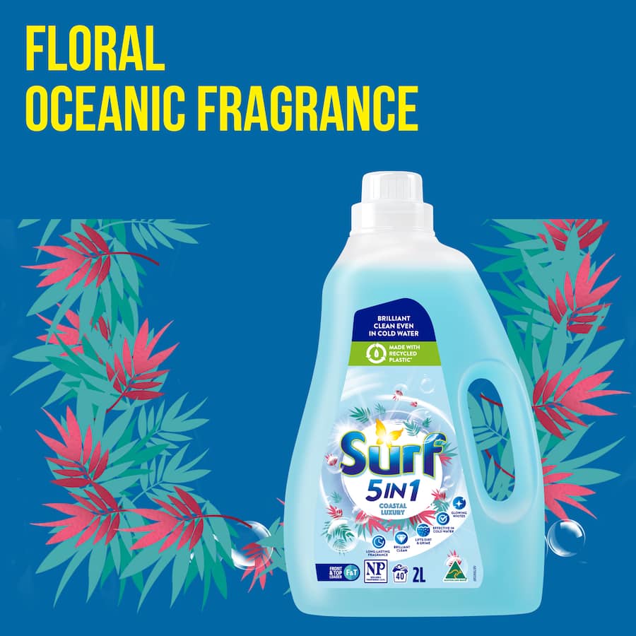 Surf Washing Liquid Coastal Luxury offers 40 washes of floral paradise fragrance, with powerful cleaning and eco-friendly packaging.