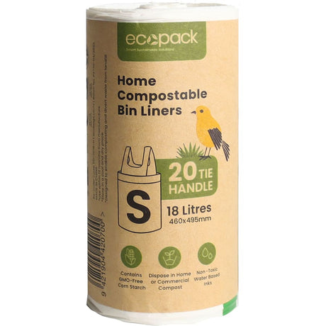 Ecopack 18L compostable kitchen tidy bags with handles, made from corn starch, durable, eco-friendly for waste disposal.