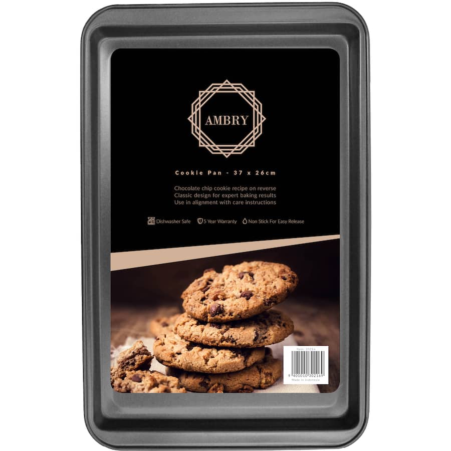 Ambry Cookie Pan featuring a durable non-stick surface, ideal for baking cookies and savory dishes, with included recipe.