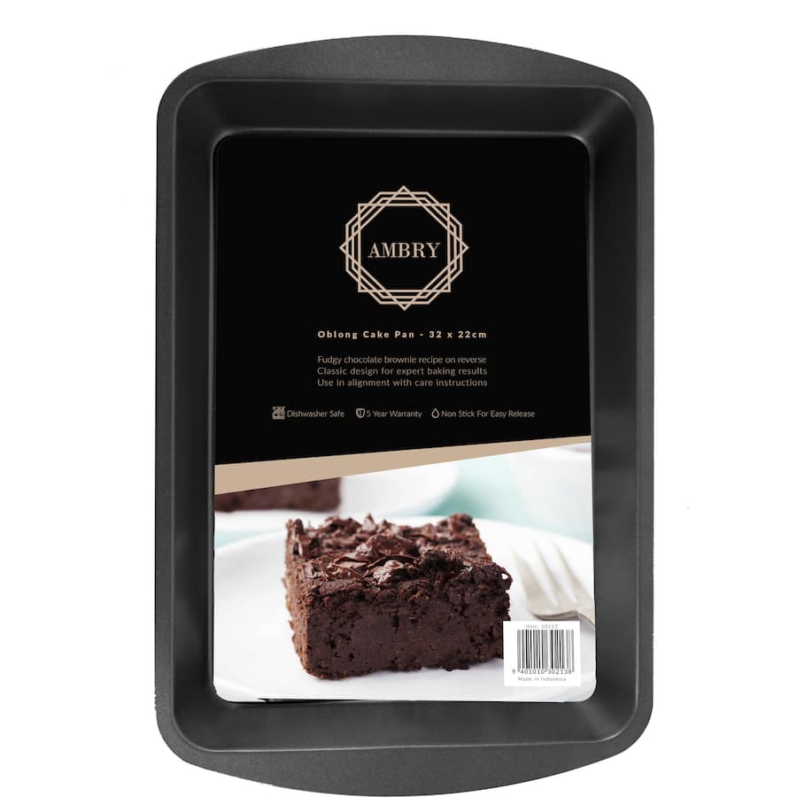 Ambry Cake Pan Oblong with non-stick coating, perfect for cakes and casseroles; includes brownie recipe and is dishwasher safe.