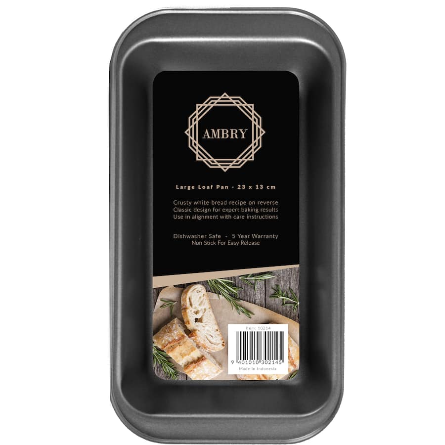 Ambry Loaf Pan Large with non-stick coating for easy release, perfect for baking sweet and savory loaves, dishwasher safe.